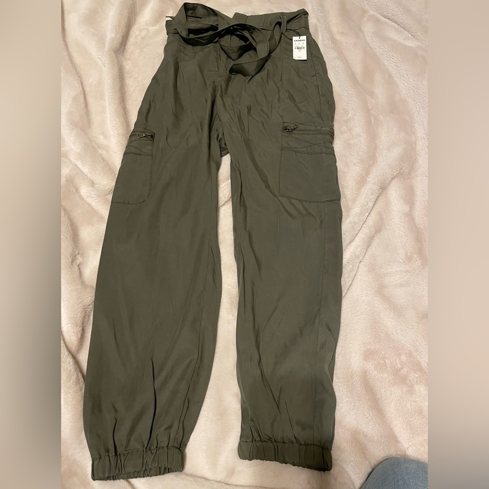 NWT Express High Rise Cargo like dress pants XS with belt olive colored